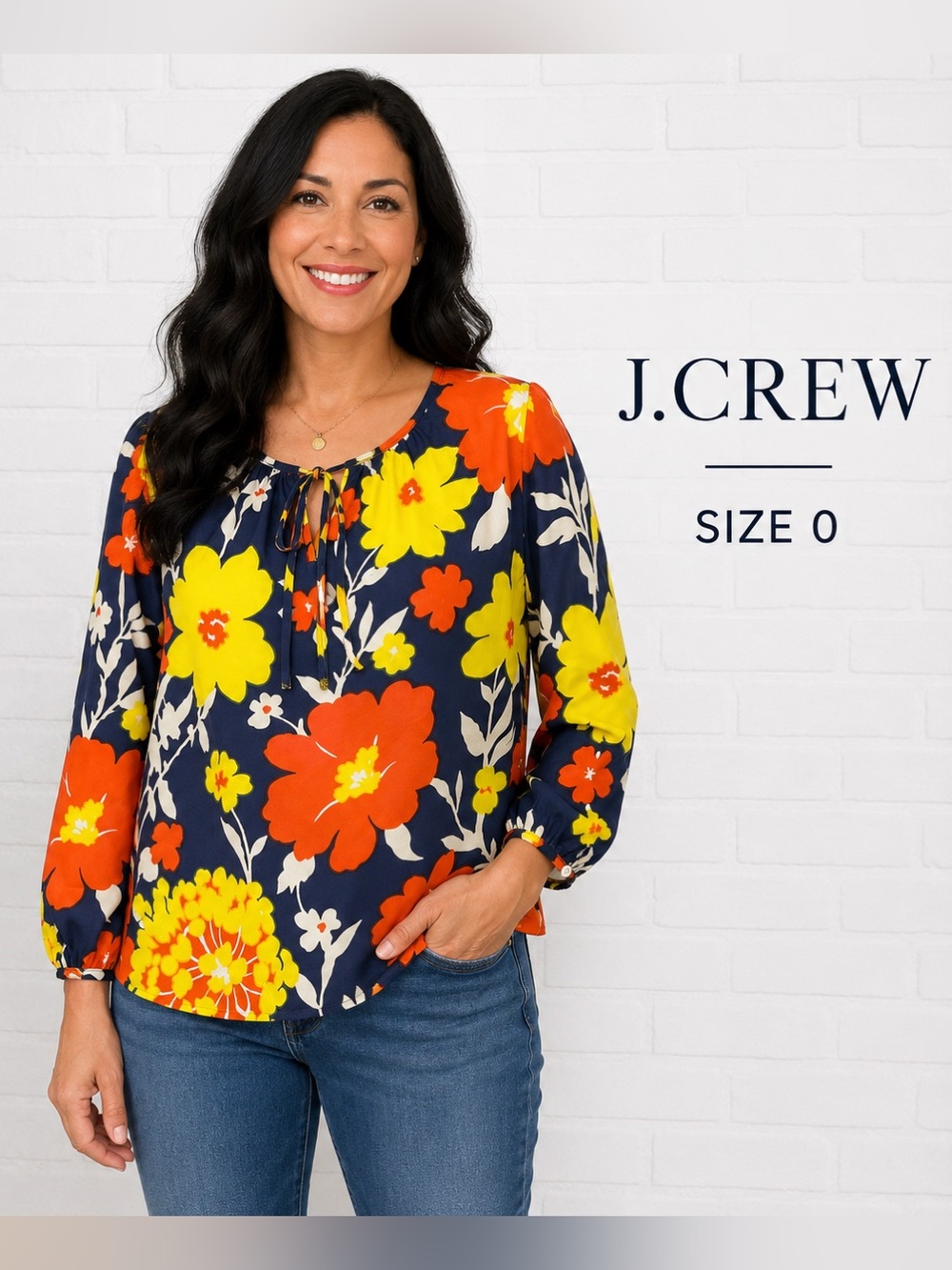 J.Crew 100% Silk Floral Tie Neck Blouse Navy Yellow Orange Size 0 NWT